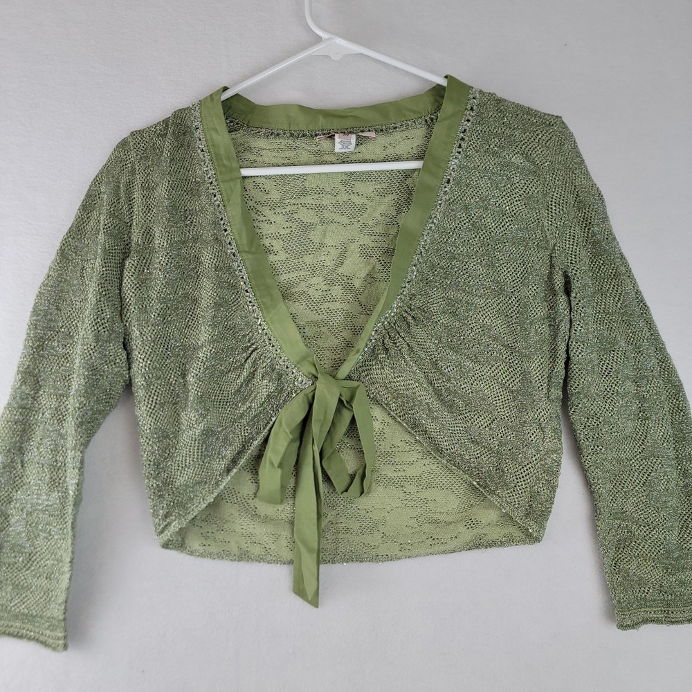 Intuitions Womens Green Silk Blend Knit Beaded Tie Front Shrug Cardigan M